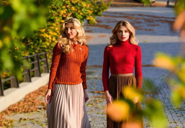 Des amies. Tenue d'automne élégante. Adorables dames profiter ensoleillé jour d'automne. Des vêtements à la mode. Fémininité et tendresse. À la mode. Jupe plissée tendance de la mode. Femmes marchant dans le parc d'automne — Photo