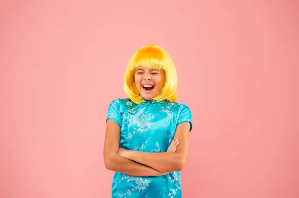 Pop culture. Anime fan. Cosplay kids party. Child cute cosplayer. Cosplay outfit. Otaku girl wig smiling pink background. Cosplay character concept. Hobby and entertainment. Eastern trends for teens — 스톡 사진