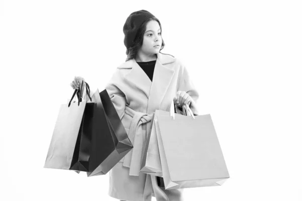 Girl with shopping bags. Shopping and purchase. Black friday. Sale discount. Shopping day. Child hold packages. Discounts on specific products. Tricks for profit. Favorite brands and hottest trends — Stock Photo, Image
