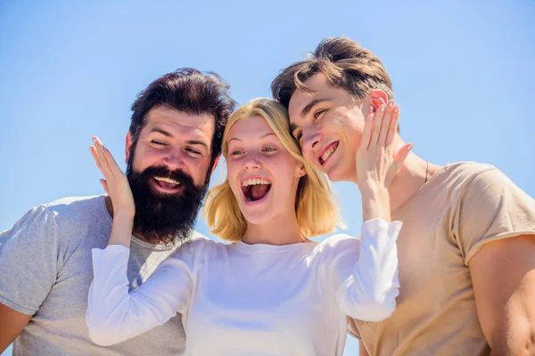 Group of people outdoor. heaven concept. success heights. happy woman and two men. cheerful friends. friendship relations. family bonding and love. summer vacation. time to relax. Real love — Stock Photo, Image