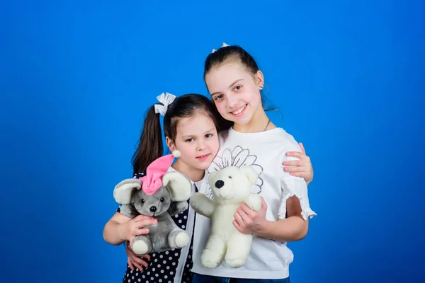 Love and friendship. Kids adorable cute girls play with soft toys. Happy childhood. Child care. Sisters or best friends play. Sweet childhood. Childhood concept. Preparing for life. Toys store — 스톡 사진