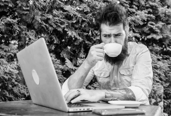 Um abraço líquido para o cérebro. Hipster desfrutar de café e Wi-Fi gratuito no café ao ar livre. Homem barbudo a beber café e a navegar na Internet no café. Cyber café proporcionando acesso à Internet e café quente — Fotografia de Stock