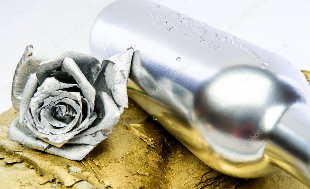 grunge beauty. wealth and richness. floristics business. Vintage retro. luxury and success. metallized antique decor. silver rose flower in bottle. handmade. Floral wine