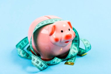 finansal diyet. Para diyeti. Finans ve ticaret. Düşük maaş. Para biriktiriyorum. Depozito. Kredi konsepti. Övgü. Domuzcuk kumbarası ve mezura. Para kutusu. Ekonomi ve bütçe artışı