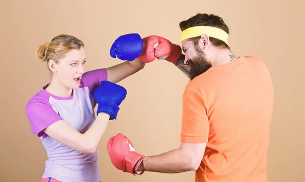 Our warm up is your work out. sportswear. Fight. Happy woman and bearded man workout in gym. knockout and energy. couple training in boxing gloves. training with coach. punching, sport Success — Stock Photo, Image