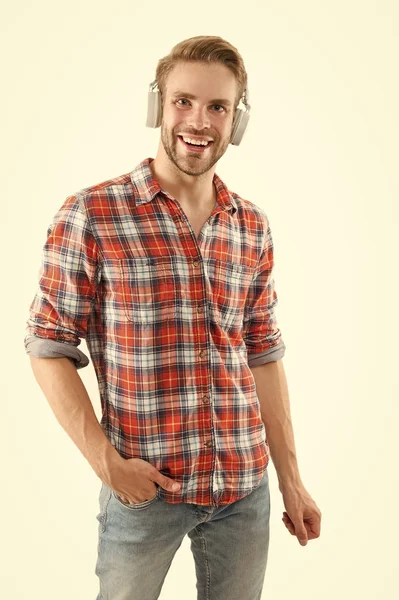 Good mood. Man listening music wireless headphones. Hipster headphones gadget. Rhythm of life. Unshaved handsome guy enjoy music. Music fan concept. Music playlist for daily life. Positive vibes — Stock Photo, Image