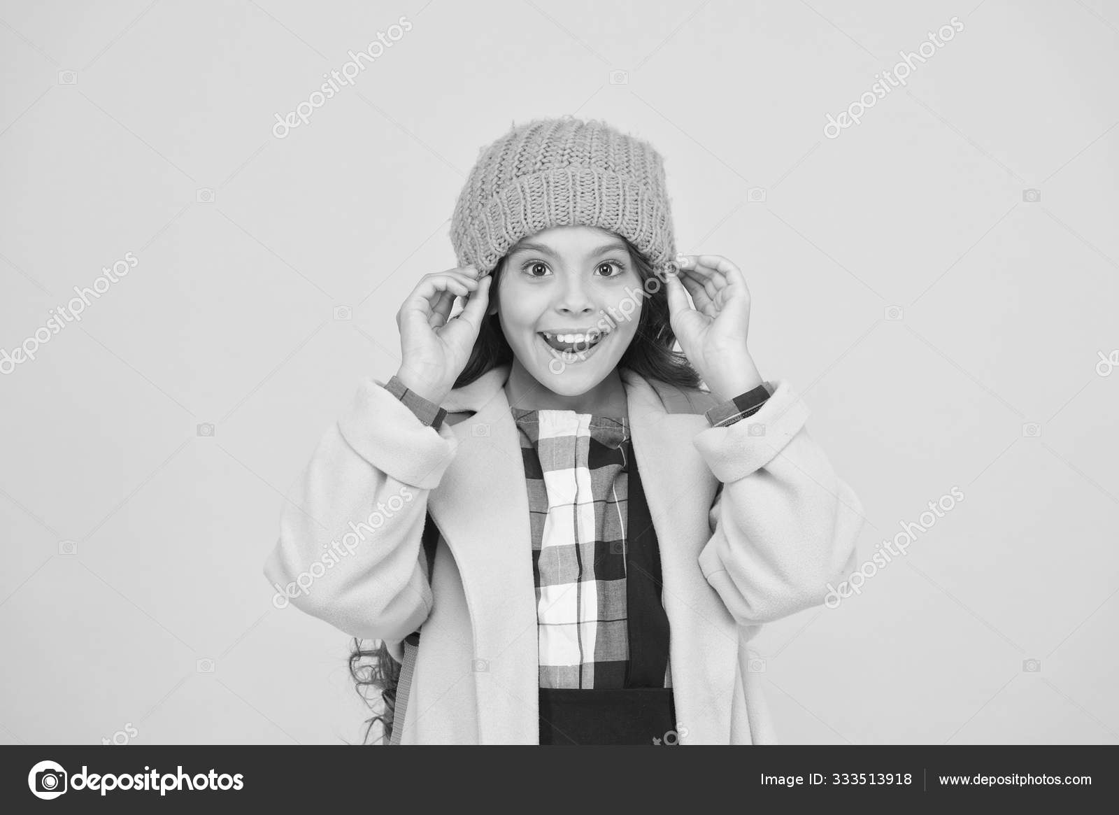 Winter Hat Accessory Girl Long Hair Yellow Background Cold Season Concept Winter Fashion Accessory Small Child