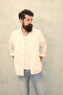 Sakallı adam erkeklik saçıyor. Fiziksel çekicilik. Yakışıklı hippi rahatla. Erkek moda trendleri. Yaz koleksiyonu. Basit ve sıradan. Acımasız maço gri arka plan. Günlük yaşam tarzı.