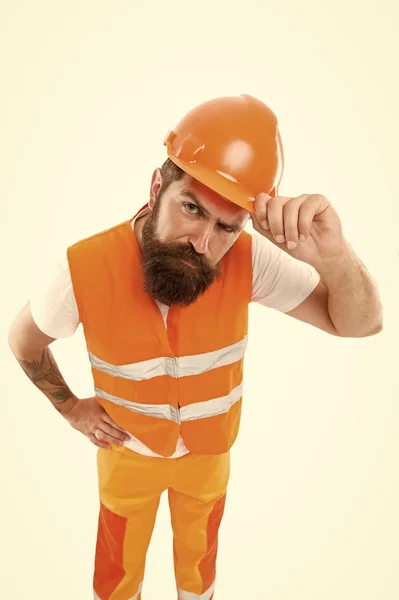 Picky inspector. Safety is main point. Man protective hard hat and uniform. Worker builder confident looking camera. Protective equipment concept. Builder crossed hands chest. Strong handsome builder — Stock Photo, Image