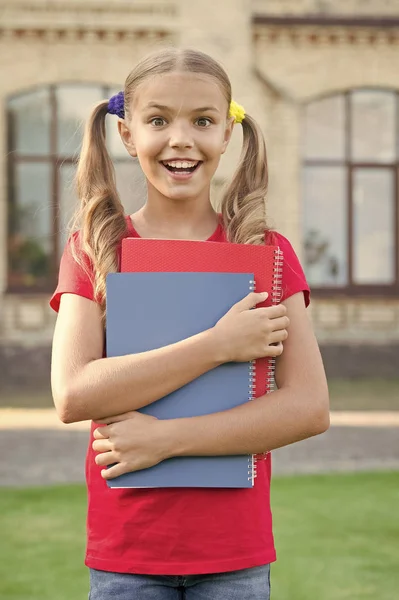 Alcançar padrões elevados. Um pequeno bicho-da-biblioteca giro. Bonito sorrindo criança pequena segurar livros fundo instituição de ensino. Uma aluna de escola. Estudante do ensino secundário. Conceito de educação escolar — Fotografia de Stock