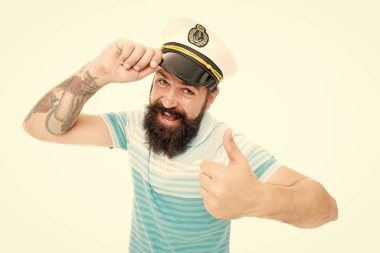 Welcome aboard. Sailor man give salute and thumbs up. Bearded man salute with blinder. Hand salute. Salute. Greeting. Hello clipart