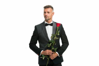 Black tie dress code for evening events. tuxedo man with rose flower. happy valentines day. special occasion. male formal style of clothing. handsome man black tux suit. sexy man on romantic date clipart