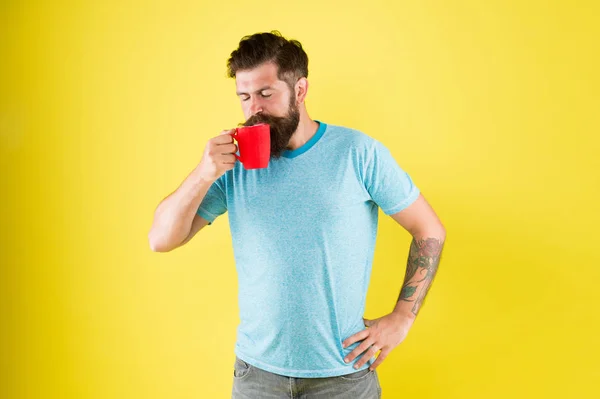 La sua colazione perfetta. Bilancio idrico e assistenza sanitaria. All'uomo barbuto piace la routine mattutina. sorso di energia. brutale bevanda hipster drink. tazza di bevanda calda. uomo stile casual bere il tè. buongiorno caffè — Foto Stock