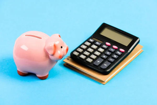 Moneybox with calculator. Piggy bank. planning counting budget. Commerece business. bookkeeping. financial report. money saving. Accounting and payroll. capital management. My payment — Stock Photo, Image