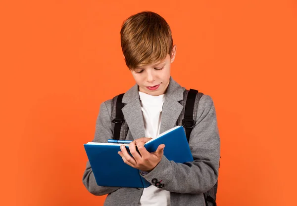 La práctica es perfecta. Un niño pequeño hace la tarea. Un niño pequeño escribe en el diario de deberes y en el libro de registros. Asignación de tareas. Enseñanza en casa. Clases privadas. Escuela y educación. Club de tareas — Foto de Stock