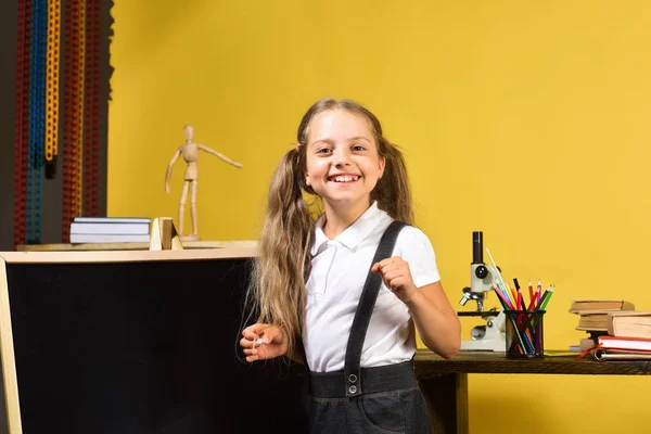 Estudante com sorriso feliz e rabo de cavalo fica em sua sala de aula — Fotografia de Stock