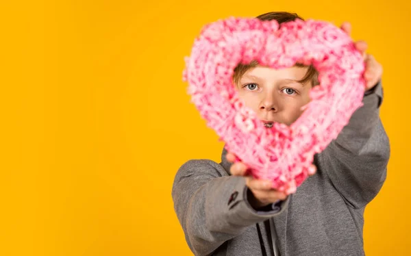 Celebration of love. Little child hold wicker heart. Valentines day celebration. Holiday celebration. Celebration time, copy space — Stock Photo, Image