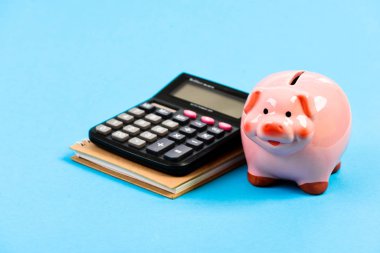 Domuz kumbarası pembe domuz ve hesap makinesi. İş idaresi. Finans müdürü aranıyor. Değiş tokuş. Ticaret pazarı. Finans bölümü. Kredi borcu kavramı. Ekonomi ve finans. Kârı hesapla