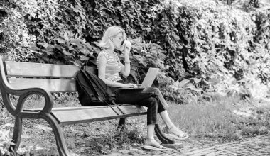 Kadın öğrenci defterle çalışıyor. Araştırmayı öğren. İnternette sörf yapmak. Modern öğrenci hayatı. Sıradan bir öğrenci. Dizüstü bilgisayarı ve kahve fincanı olan sevimli bir kız parkta oturuyor. Açık havada çalış.