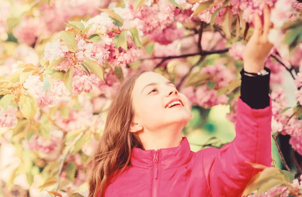 Sommerferien. Schönheit der Kindheit. Hautpflegekurort. Naturkosmetik für die Haut. glückliches Mädchen in Kirschblüte. Der Sakura-Baum blüht. kleines Mädchen im Frühling blühen Blumen. Blütengeruch, Allergie. Frühlingshafte Schönheit — Stockfoto