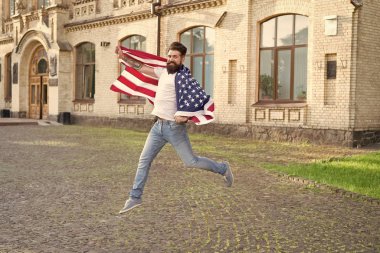 Happy to be naturalized in the United States. Bearded man gaining usa citizenship. American citizen celebrating independence day. Asking for citizenship. Multiple citizenship. National citizenship clipart