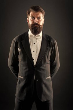 İyi giyinmiş ve titizlikle temiz. Hipster resmi takım smokin. Resmi olay elbise kodu. Erkek moda. Klasik tarzda. Klasik Trend dışında hiç. Erkek giyim klasik kıyafeti. Papyon ile sakallı adam