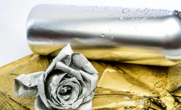 Şaraphane konsepti. Çiçek şarabı. Çelik gümüş şişedeki metal çiçek. Sahtecilik ve heykel. Gümüş metal. Romantik bir randevu. Doğum günü hediyesi. Gümüş moda. Alkol içeceği. Lüks şarap. Metalik gümüş rengi — Stok fotoğraf