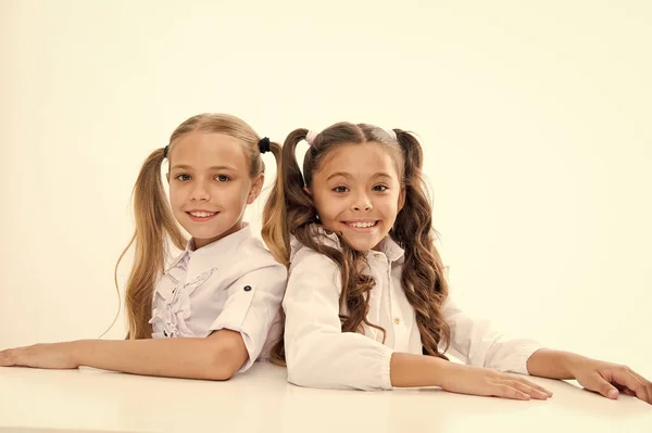 Home schooling. Adorable pupils sitting at desks isolated on white. Little children enjoy private schooling. Small schoolgirls having compulsory schooling. Schooling years