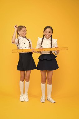 Geometri favori konu. kök disiplinler. Okula geri dön. Matematik ve geometri. Üniformalı çocuklar. okul arkadaşlığı. mutlu küçük kızlar matematik çalışır. öğrenciler sarı cetvel kullanın