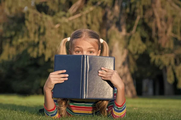 Nie oceniaj książki po okładce. Urocza, mała dziecięca twarz z książką. Słodka dziewczynka czytała książkę o zielonej trawie. Świetne oko do dobrej książki. — Zdjęcie stockowe
