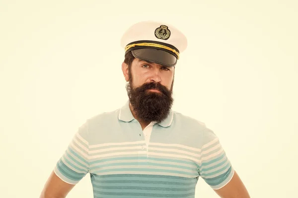 In calm sea every man is pilot. Sailor man isolated on white. Bearded man in striped blue. Naval man with beard wear peaked cap. Professional mariner. Navy and marine. Sea travel — Stock Photo, Image