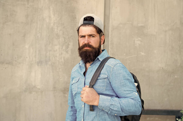 Travelling spontaneously is great. Slow travel has lot of benefits. Wanderer on tour. Budget travelling tips. Man travelling explore city. Tourist backpacker go sightseeing. Plan holiday on budget