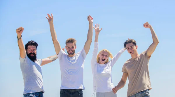 Freedom concept. Young and free. Success and achievement. Cheerful people communicating. Networking concept. Men woman communicating sky background. Communicative skills. Human communication — Stock Photo, Image