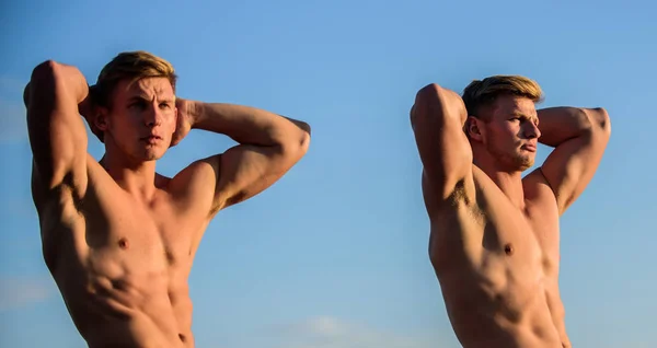 Actividad deportiva al aire libre. El éxito es conseguir lo que quieres. Promoción de la salud. Enamorado del deporte. amanecer mañana entrenamiento al aire libre. gemelos entrenando juntos. gemelos musculosos. atlético hombre sexy cuerpo —  Fotos de Stock