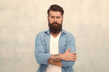 Berber salonu. Erkek güzellik konsepti. Bakımlı maço. Gri duvar arka plan üzerinde Acımasız yakışıklı hipster adam. Sakallı adam moda hipster tarzı. Sakallı ve bıyıklı hipster denim gömlek giymek