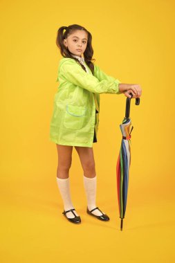 Aksesuarı al ve yağmur yağsın. Küçük çocuk renkli şemsiye yağmur aksesuar tutan. Yağmurluklu küçük kız, yağmurluk lu, yağmurlu sonbahar sezonu için moda aksesuarı. Onu kuru tutmak için mükemmel bir aksesuar