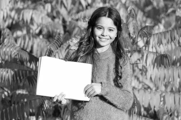 Le petit enfant aime lire le fond du feuillage d'automne. Le petit enfant aime apprendre dans le parc d'automne. Étude pour enfants avec livre. Concept de littérature automnale. Continue d'étudier. Petite fille lire livre le jour de l'automne — Photo