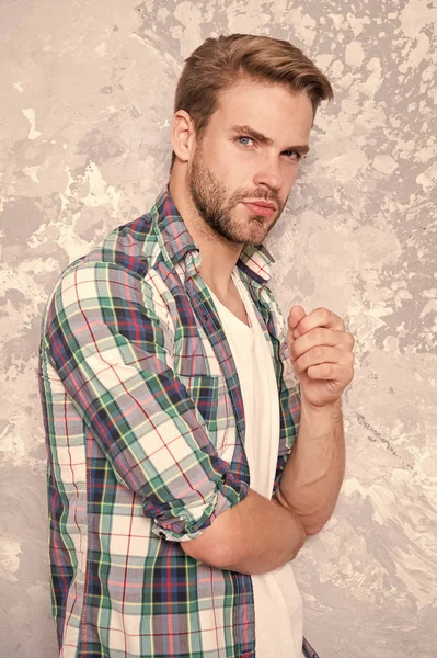 Thoughtful guy checkered shirt. good looking unshaven man. concept. mens sensuality. bristle barber shop. sexy guy casual style. macho man grunge background. male fashion model. Stylish and sexy — Stock Photo, Image
