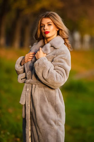 Kvinnliga höstkläder. Kläder för den europeiska vintern. elegant kvinna bär päls. stilren dam bär fuskpäls. Mångsidiga texturer. mode och skönhet. framgångsrik affärskvinna utomhus — Stockfoto