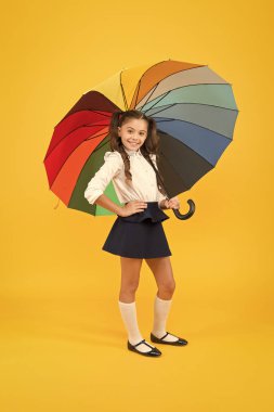 Aksesuar yağmurda okula yürümek daha güvenli. Küçük bir çocuk renkli bir şemsiye yağmuru aksesuarı tutuyor. Yağmurlu hava için moda aksesuarları olan küçük bir kız. Sokaktaki en havalı aksesuar.