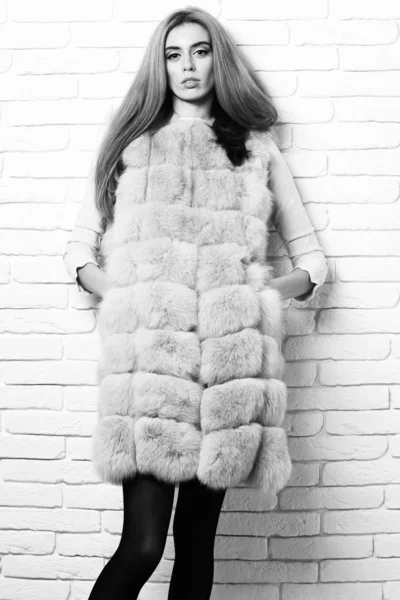 ファッショナブルなセクシー女の子で毛皮でレンガの壁のスタジオの背景 — ストック写真