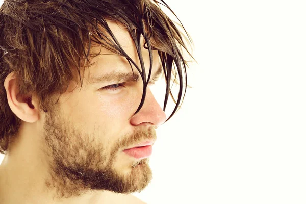 Macho com barba clara, rosto sério e cabelo molhado — Fotografia de Stock