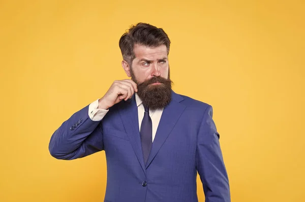 Successful handsome hipster top manager. Barbershop and stylist. Handsome guy concept. Because you worth it. Confident businessman handsome bearded man in formal suit. Serious motivated entrepreneur — Stock Photo, Image