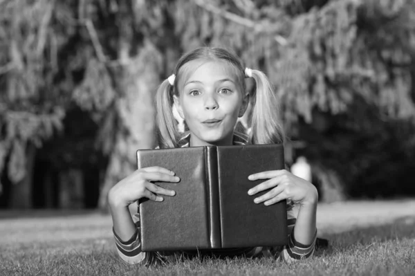 Studuji s potěšením. Čas na velké příběhy. Malé dítě si čte knížku venku. Školka četla příběhy, když odpočíváš zelený trávník. Roztomilý žák si rád čte. Školní čas. Zajímavé příběhy pro děti — Stock fotografie
