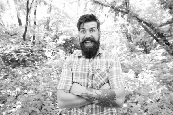 Style de vie écologique. Homme barbu hipster fond d'arbres verts. Guy se détendre dans la nature estivale. Homme barbe et moustache dans la forêt d'été. Concept vacances d'été. Unis avec l'environnement. Beau bûcheron — Photo