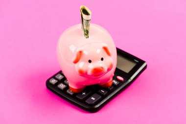 Tasarruf hesabı. Tasarruf depozitosu tasarruf etmek için uygun esnek bir yoldur. Tasarruf. Ekonomi ve finans. Piggy Bank Pembe Domuz dolar banknot ve hesap makinesi doldurdu. Mali refah