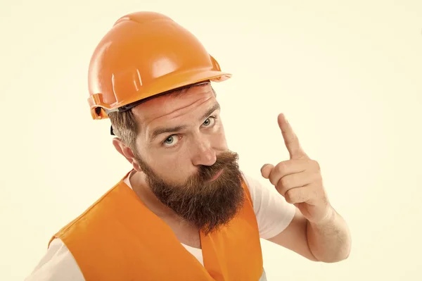 U waarschuwen. Gevaarlijke zone. Man ingenieur beschermende uniforme stop je. Architect bouwer ingenieur. Beschermende kleding voor de bouw industrie. Bearded hipster ingenieur. Senior Engineer bij site — Stockfoto