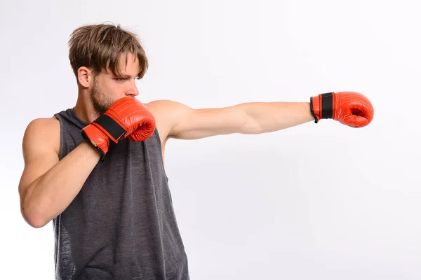 Sports and competition concept. Boxer makes hits and punches — Stock Photo, Image