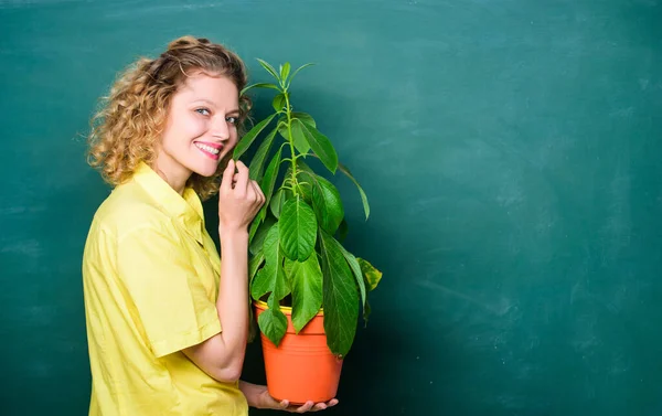 tree of knowledge. school learning ecology. teacher woman in glasses at biology lesson. school nature study. environmental education. happy student girl with plant at blackboard. copy space