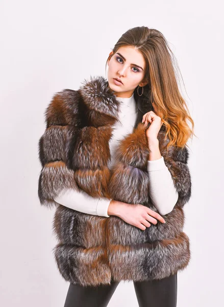 Manteau de fourrure marron féminin. Modèle de magasin de fourrure posant en peluche douce et chaude. Jolie fashionista. Concept de mode fourrure. Maquillage et coiffure de femme posant vison ou manteau de fourrure sable. Vêtements de luxe élite hiver — Photo